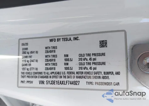 2020 Tesla Model 3 Standard Range Plus Rear-Wheel Drive/Standard Range Rear-Wheel Drive from USA, damaged, VIN 5YJ3E1EAXLF744927
